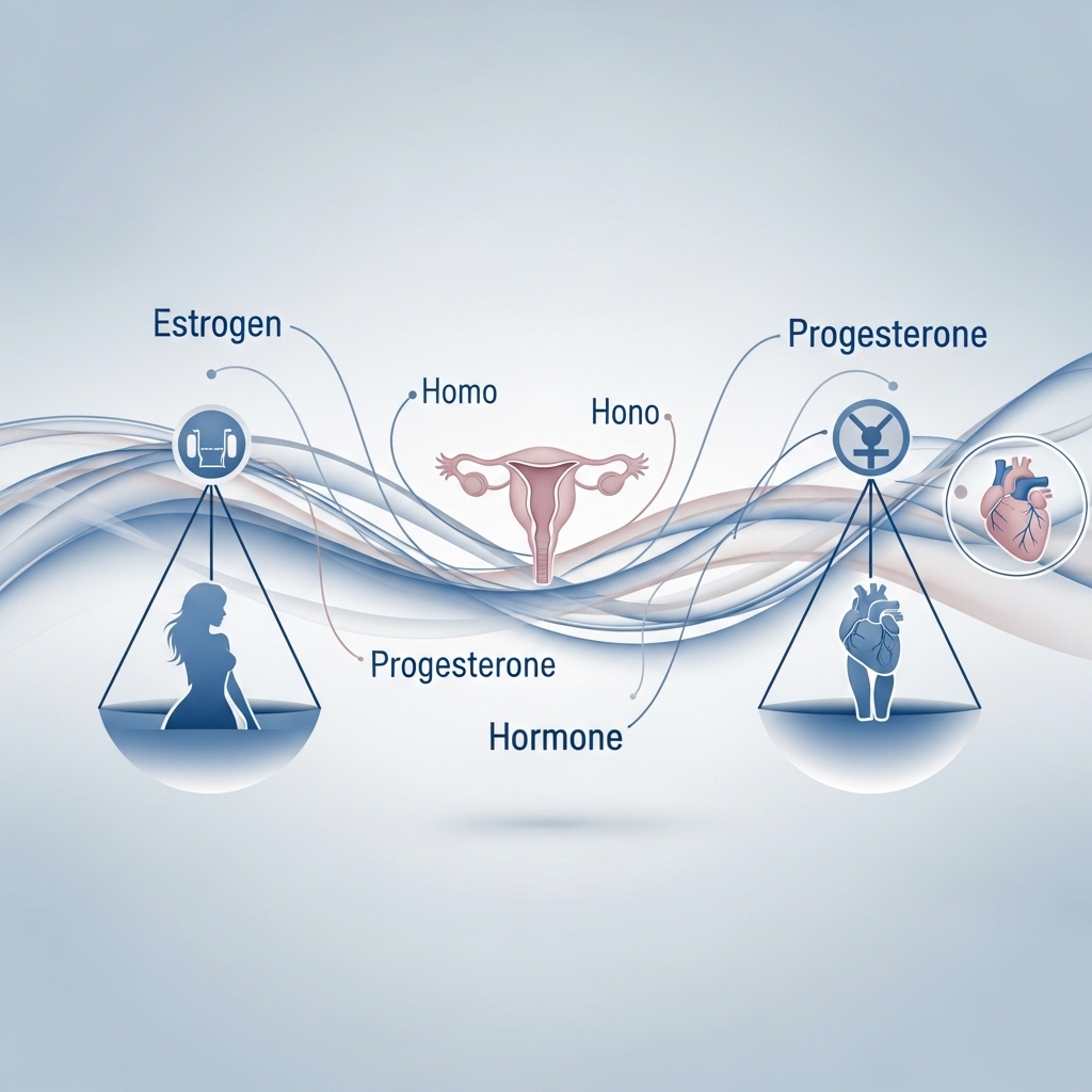 여성의 건강과 호르몬 균형을 상징하는 추상적인 푸른색과 분홍색 선이 조화를 이루는 그림.