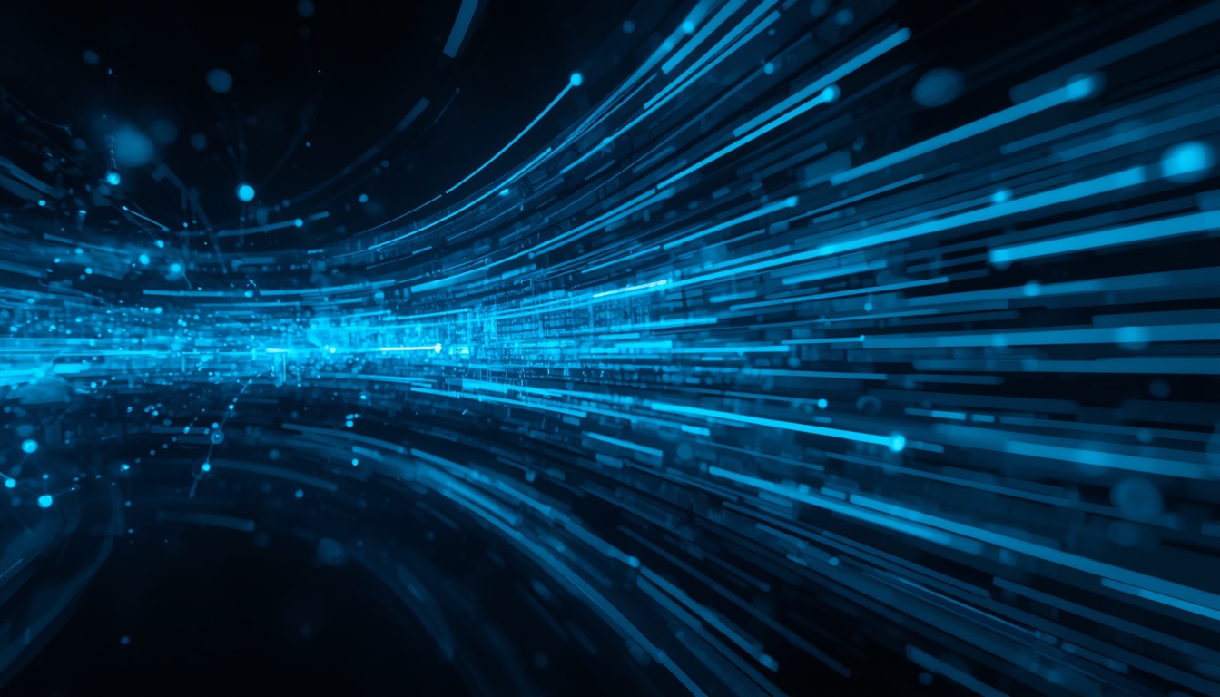 Abstract visualization of high-speed data flow and financial transactions.