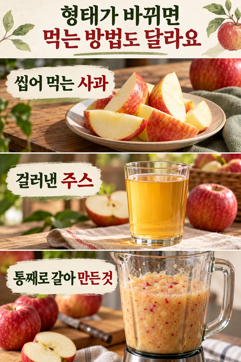 씹어 먹는 사과, 걸러낸 주스, 과육과 껍질을 갈아 만든 것을 나란히 비교.