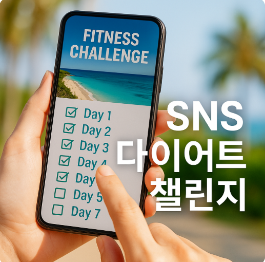 스마트폰으로 피트니스 챌린지를 체크하는 손, 체크된 다이어트 진행 현황, 여름 해변 배경, 'SNS 다이어트 챌린지' 문구가 함께 어우러진 이미지