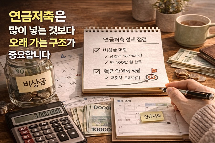 비상금을 먼저 마련하고 월급 구조 안에서 연금저축을 시작하며 연금수령 단계까지 함께 고려하는 현실적인 활용 방법을 설명하는 이미지입니다.
