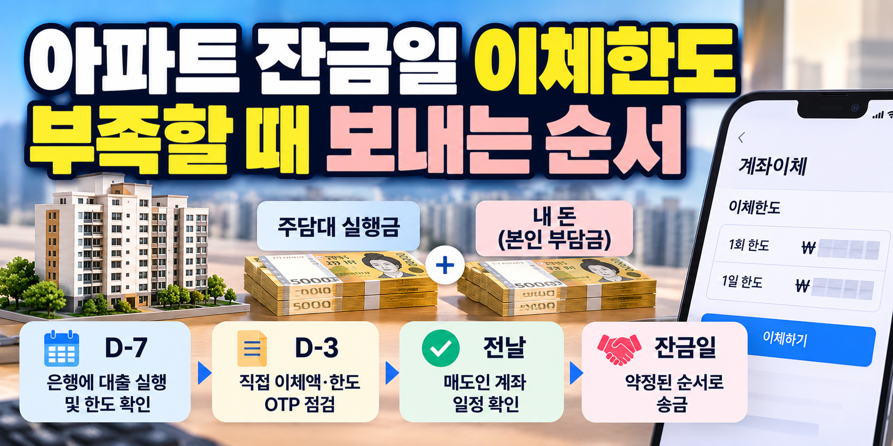 아파트 잔금일 이체한도 부족 시 주담대 실행금과 본인 부담금 송금 순서