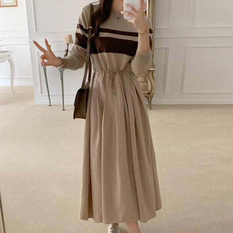 디엘 스트라이프 니트 핀턱 롱 주름 원피스 기획