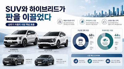 SUV와 하이브리드가 상반기 자동차 시장 판매 상위권을 주도한 흐름을 설명하는 이미지