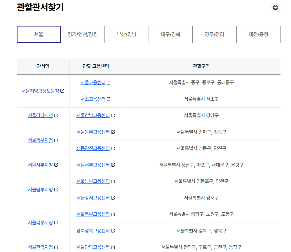고용센터 관할관서찾기