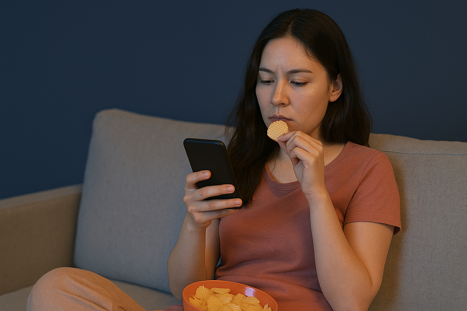 야식과 스마트폰에 몰두한 여성의 모습 — 다이어트를 방해하는 대표적인 생활 습관을 상징하는 장면