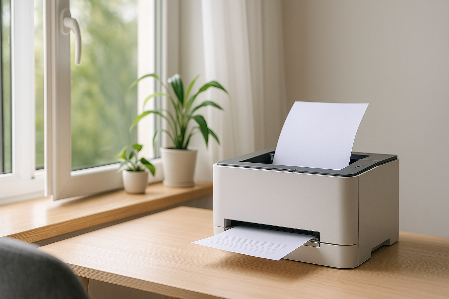 &ldquo;창가 환기하며 레이저 프린터로 출력 중인 홈오피스 실사 사진&rdquo;