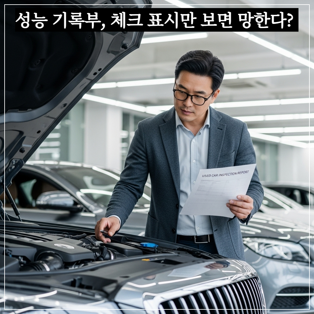 조명이 밝은 고급스러운 중고차 매장에서 한국인 남성 전문가가 안경을 쓰고 '중고차 성능 상태 점검 기록부' 서류를 손에 든 채, 앞에 있는 프리미엄 세단의 엔진룸과 서류 내용을 진지하게 대조하고 있는 고화질 이미지