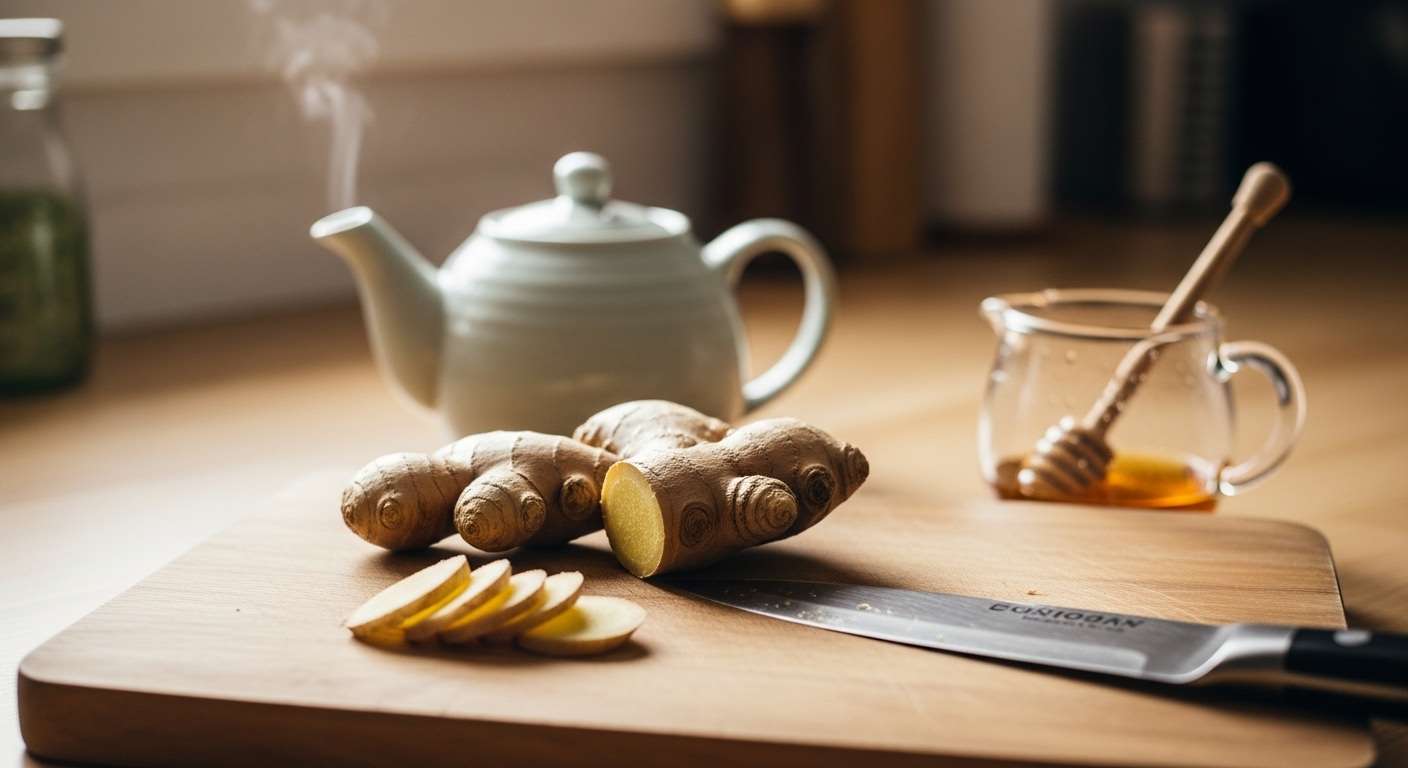도마 위에서 얇게 썰리고 있는 신선한 생강과 그 옆에 김이 오르는 주전자, 꿀병. 생강차를 만드는 과정을 보여주는 이미지.
