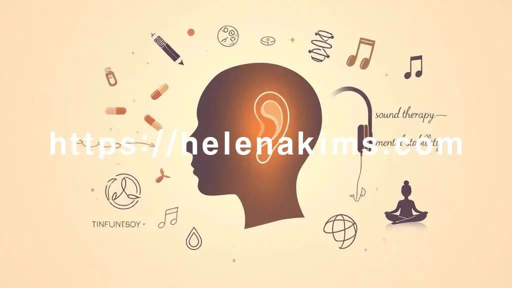 깨끗한 배경 중앙에 인간의 귀 실루엣이 있고, 약물'을 대표하는 정갈한 알약과 캡슐, '소리 치료'를 나타내는 헤드폰과 부드러운 소리 파동, '정신적 안정'을 암시하는 명상 심볼 등이 조화롭게 배치된 그래픽 이미지.