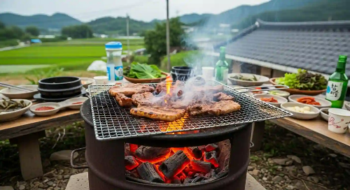 시골 마당에서 삼겹살이 구워지고 있는 모습