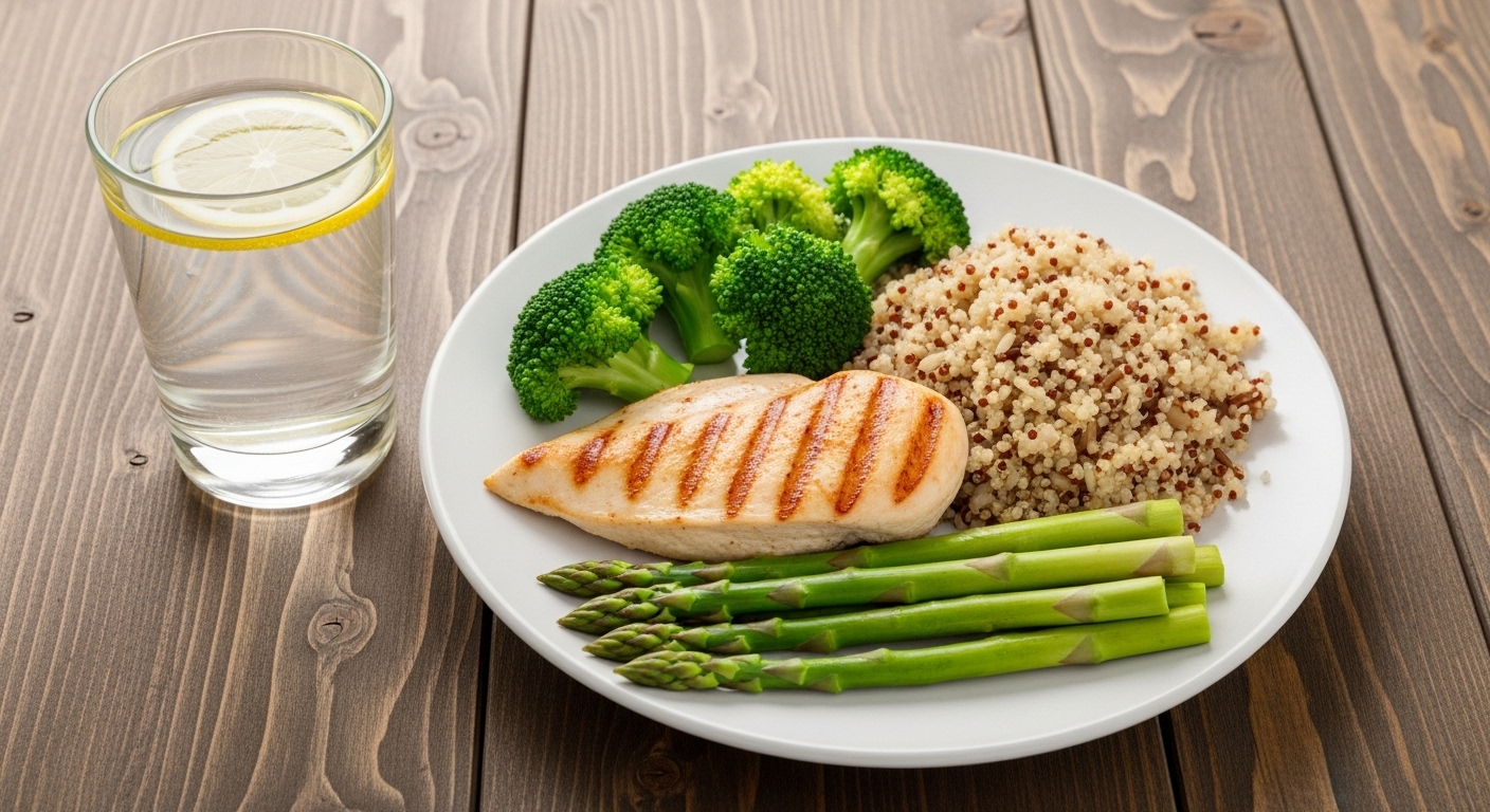 구운 닭가슴살, 현미밥, 브로콜리 등으로 구성된 이상적인 운동 후 건강 식단