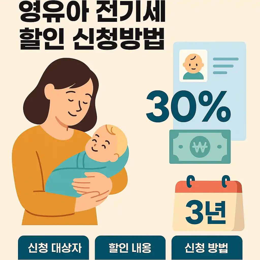 영유아 전기세 할인 신청방법 안내와 함께 30% 감면 기간 3년 이라고 명시된 인포그래픽