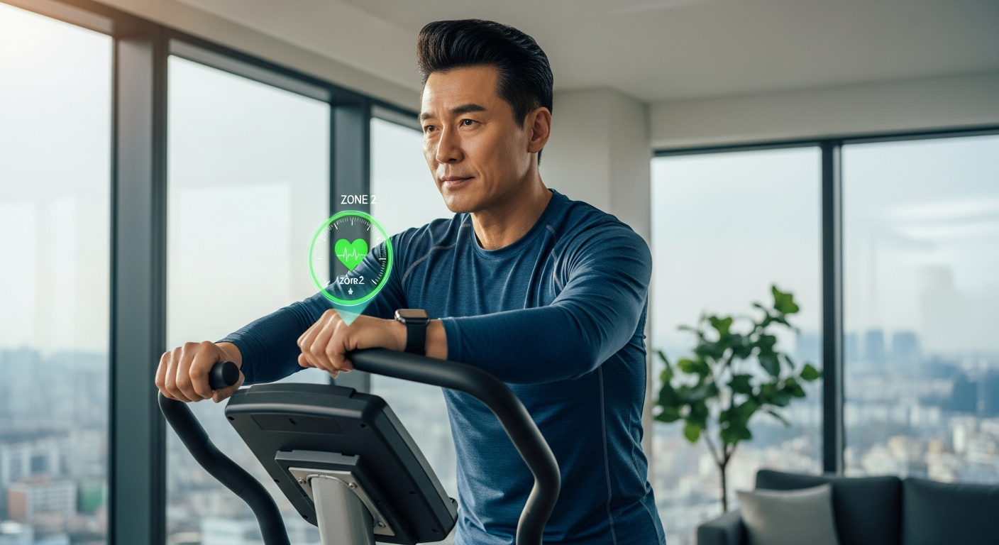 무리한 운동 대신 옆 사람과 대화가 가능한 정도의 존2 심박수를 유지하며 실내 자전거를 타는 모습