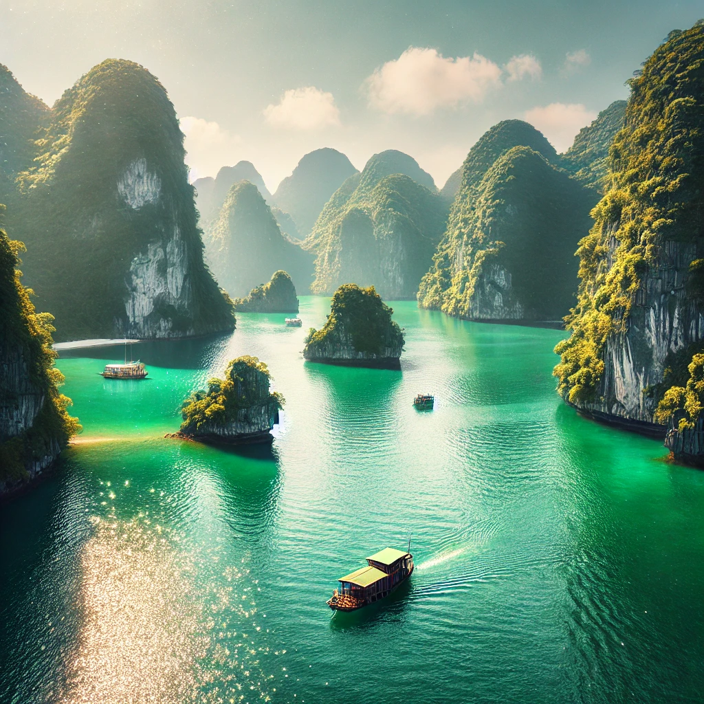 에메랄드빛 바다 위의 란하베이 석회암 섬 풍경