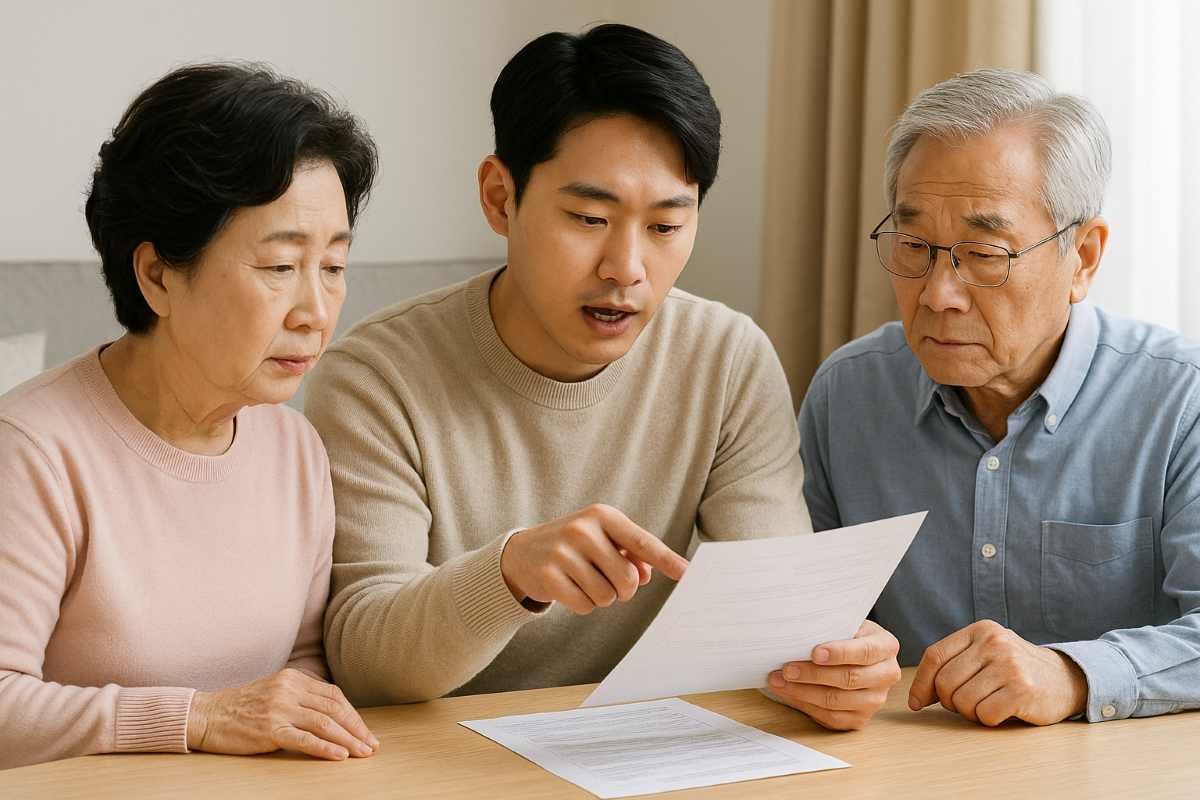 자녀가 부모님께 서류 설명하는 장면