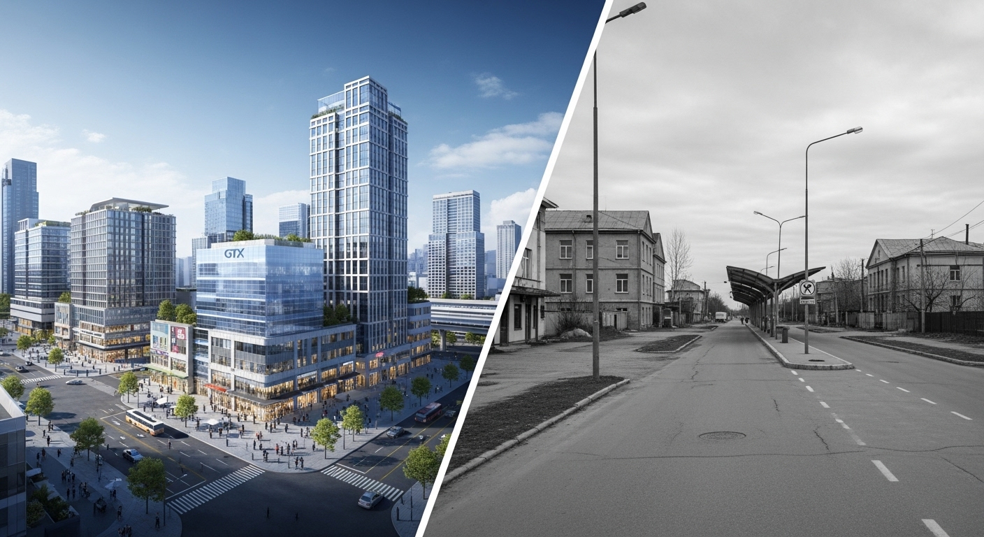 활발히 개발된 GTX 역세권과 비교하여 개발이 더딘 역세권의 모습