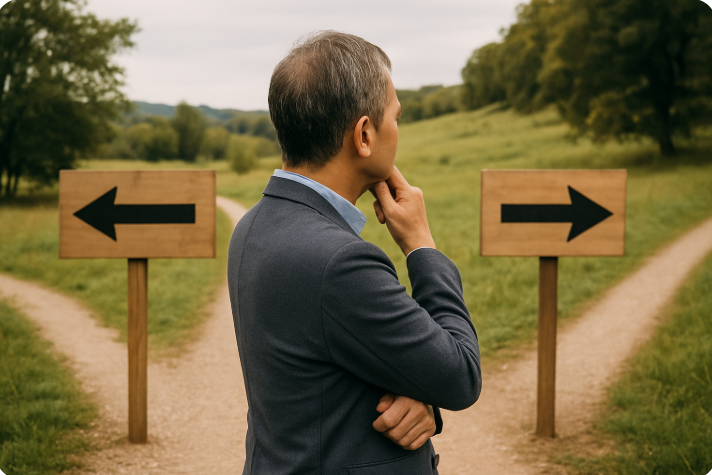 갈림길에서 방향을 고민하는 중년 남성. 왼쪽과 오른쪽 방향을 가리키는 표지판 사이에서 결정을 내리려는 모습.