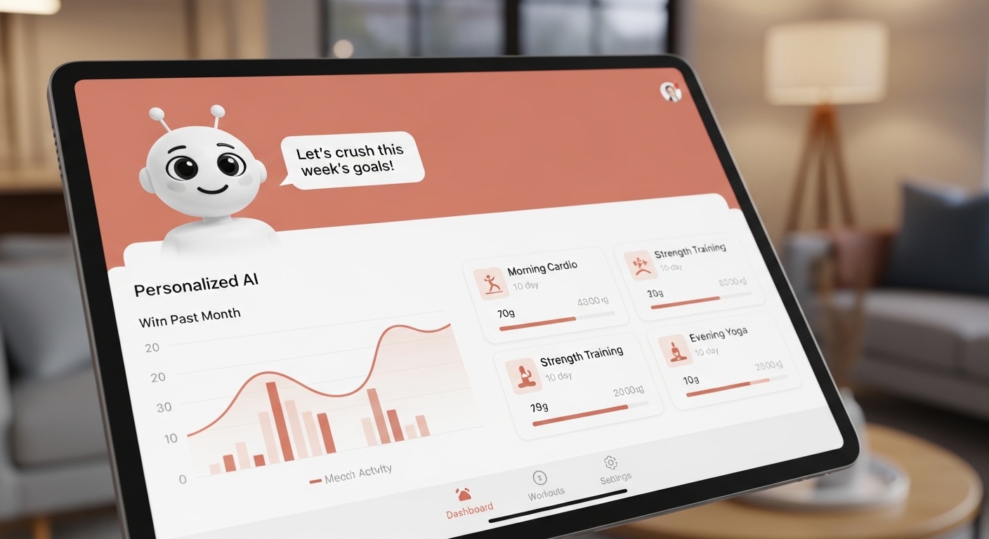 태블릿 화면에 개인 맞춤형 AI 피트니스 계획과 진행 상황 그래프, 운동 추천이 표시된 모습. AI 코치 아바타가 사용자에게 운동을 안내하고 있다.
