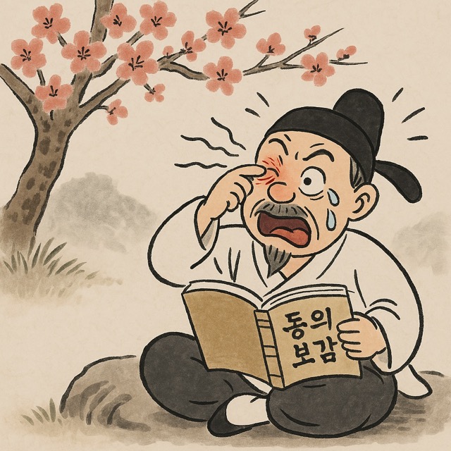 벚꽃 아래에서 동의보감을 펼쳐든 노인이 꽃가루 알레르기로 눈을 비비며 당황한 표정을 짓는 모습