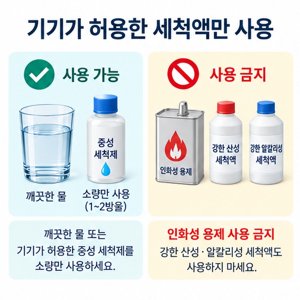 깨끗한 물과 허용된 세척제를 구분하고 인화성 용제와 강한 세척액 사용을 피하라는 안내