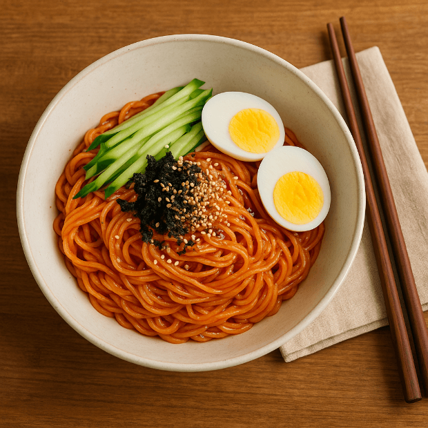 그릇에 담긴 비빔국수, 오이채와 삶은 달걀이 토핑된 모습