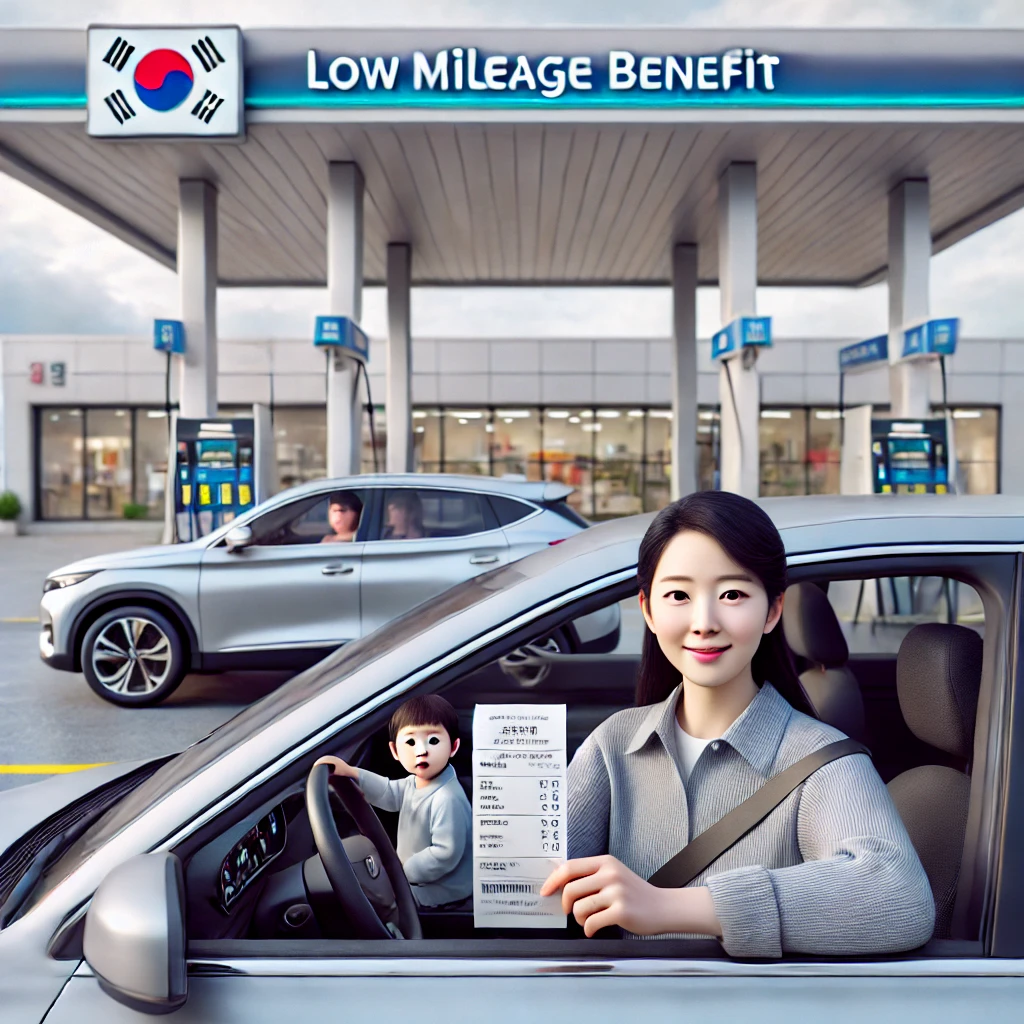 주유소에 주차된 차량 옆에서 운전자가 낮은 주행거리 혜택이 적힌 영수증을 들고 있는 장면. 뒷좌석에서는 호기심 많은 아이가 창밖을 보고 있으며, 배경에는 깔끔한 주유소와 명확한 표지판이 보임