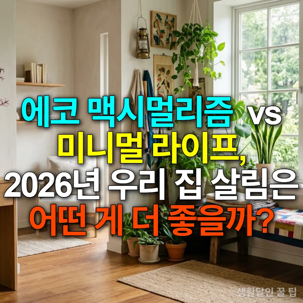 에코 맥시멀리즘과 미니멀 라이프스타일이 조화롭게 공존하는 현대 한국 가정의 거실 인테리어