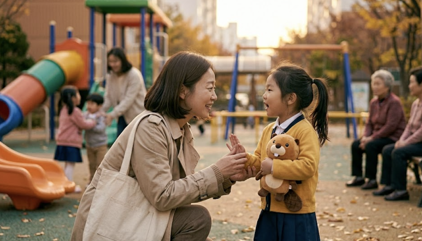 놀이터에서 좋아하는 인형을 들고 거절의 문장을 연습하는 아이와 그것을 지지하는 엄마의 모습