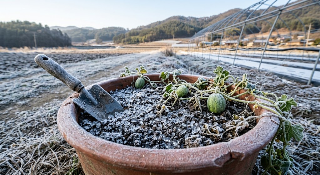 살짝 얼어붙어 작업을 멈춘 화분 토양 상태