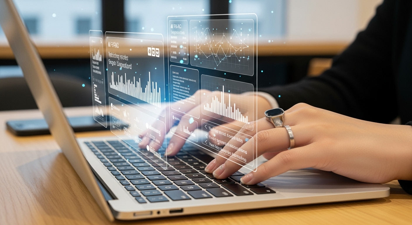 한국 대학생이 노트북으로 AI 기능을 활용하여 코딩과 데이터 분석 작업을 하는 손 클로즈업