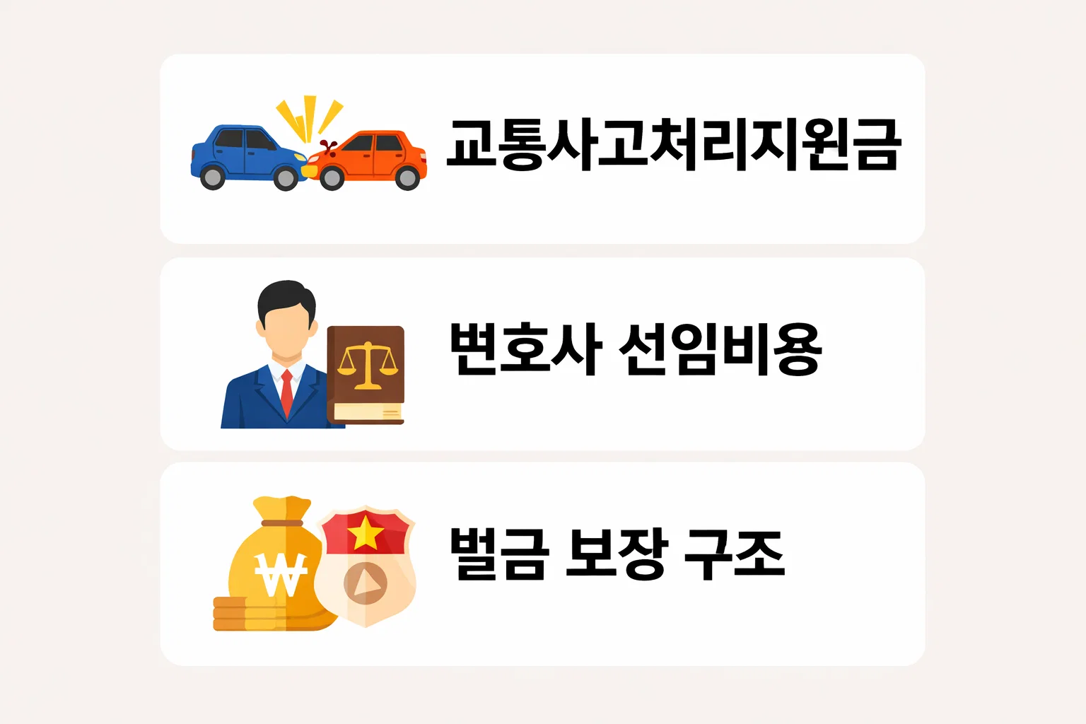 교통사고처리지원금, 변호사 선임비용, 벌금 보장 구조 등 DB손해보험 운전자보험의 실제 보장 항목을 정리한 정보 이미지