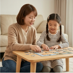 엄마와 이야기하며 퍼즐을 맞추는 모습