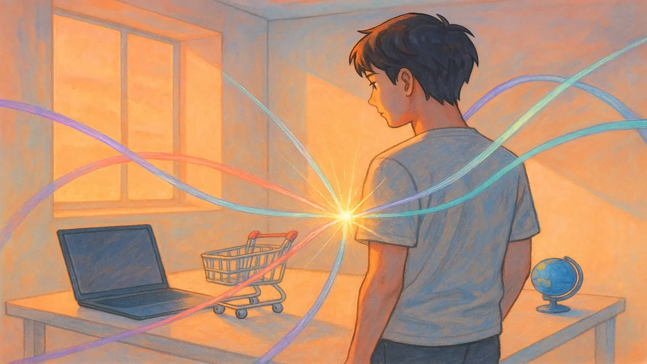 한 사람이 자신의 일(노트북)과 소비(장바구니), 그리고 사회(지구본)를 연결하는 밝은 선들을 바라보는 이미지