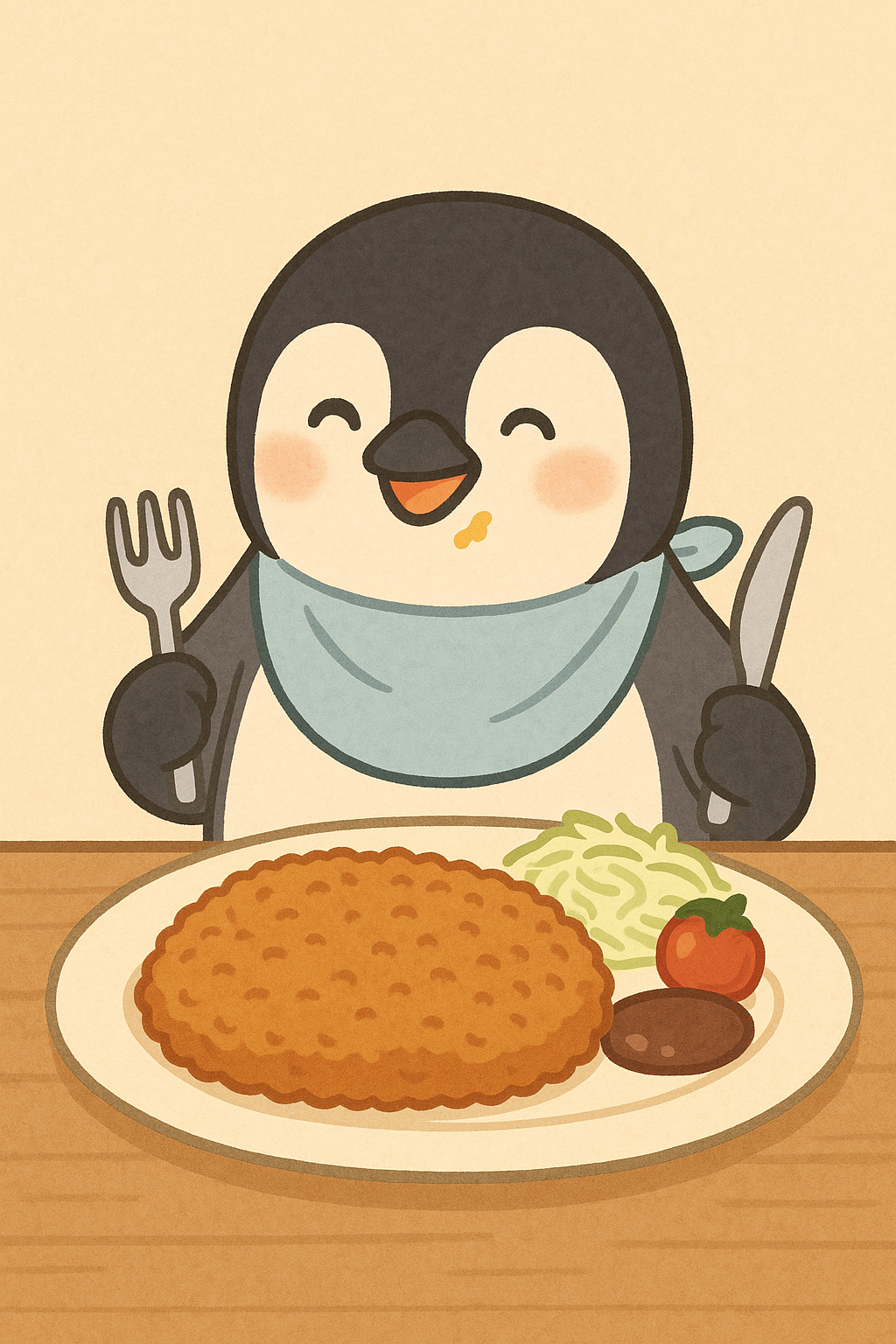 유포리 돈까스를 맛있게 먹는 직장인 펭귄 이미지