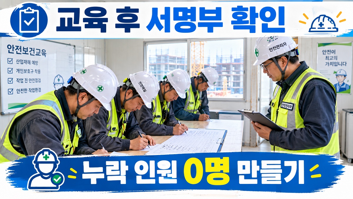 건설현장 안전관리자가 안전보건교육 대상자 명단과 서명부를 대조하는 모습