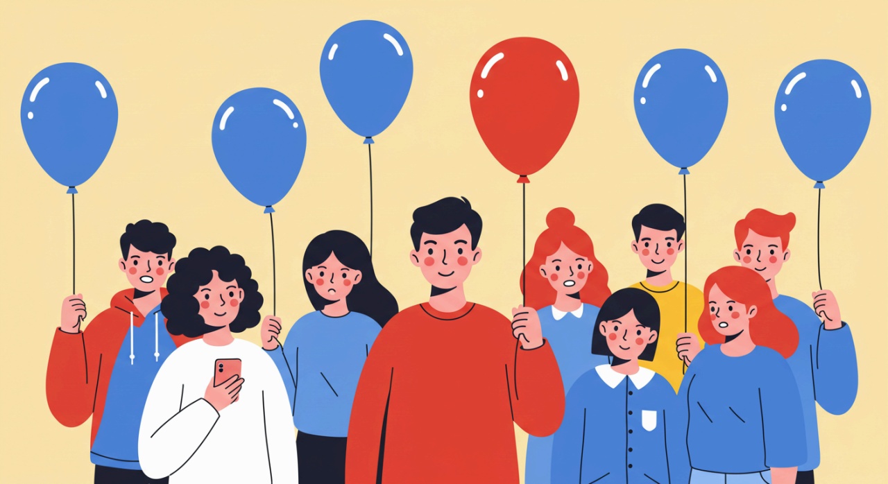 모두가 파란 풍선을 들고 있는 가운데, 한 사람만 빨간 풍선을 들고 있는 모습