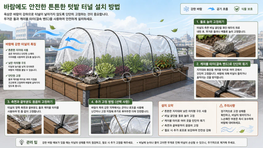 화분에 단단히 고정된 옥상 텃밭 터널 구조