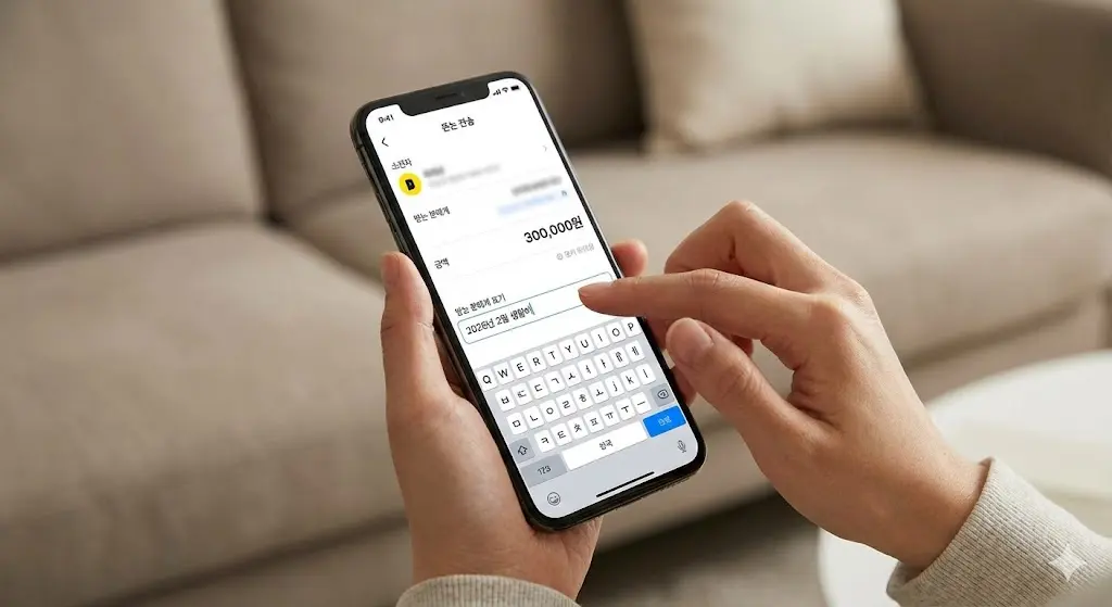 스마트폰 뱅킹 앱으로 계좌이체 시 받는 분 통장 표시에 구체적인 용도를 메모하는 모습