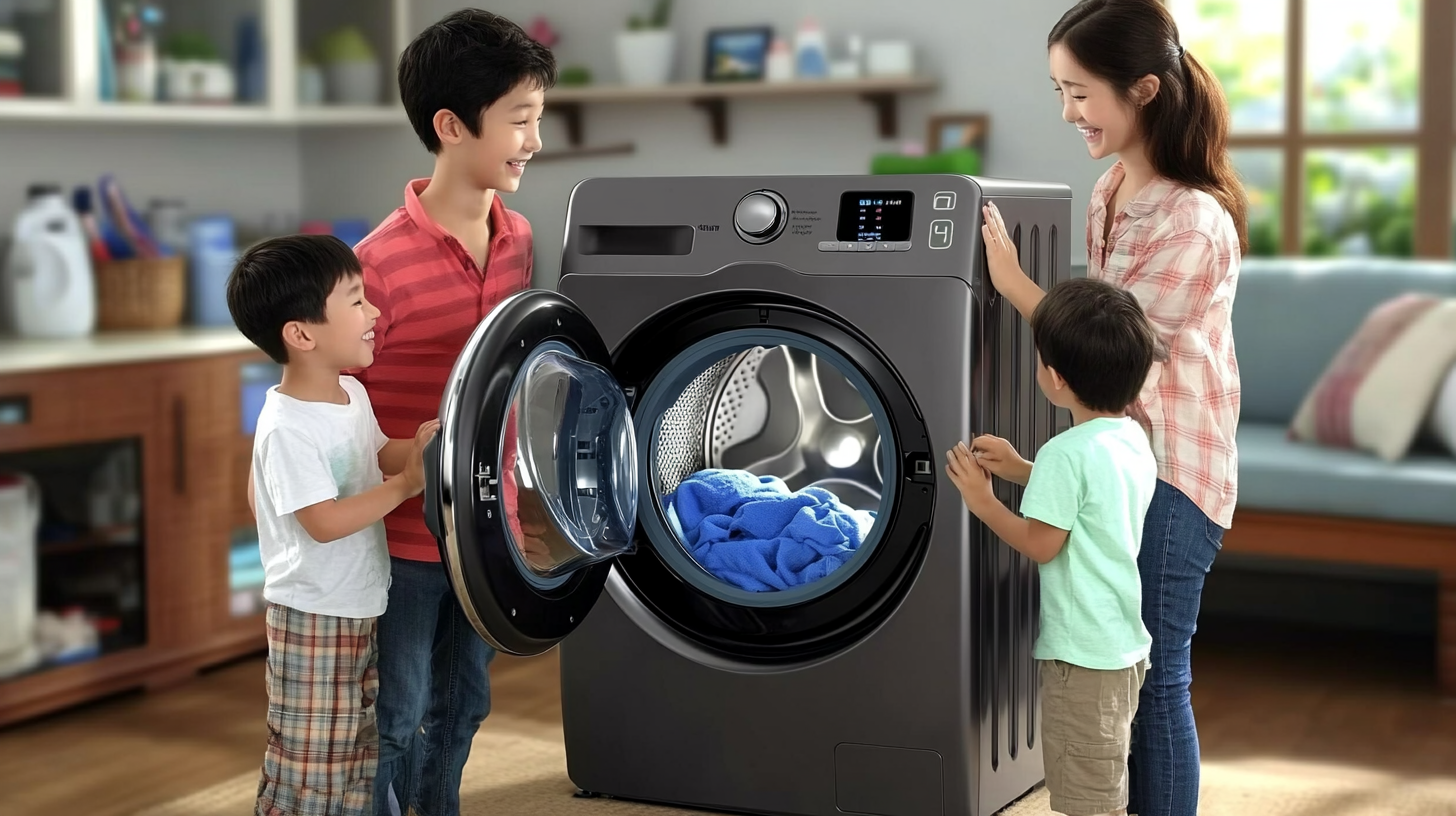 삼성 세탁기의 효율성 덕분에 에너지 절약을 실천하는 가족, 친환경적인 주거 환경과 함께 따뜻한 가족 분위기가 느껴진다.