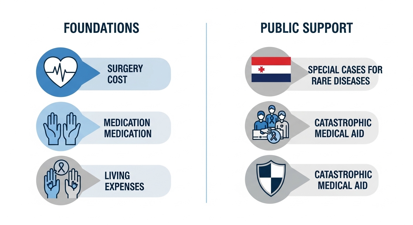 장기이식 환자를 위한 재단 연계 지원(수술비, 약값)과 공공기관 연계 지원(산정특례, 재난적 의료비)을 시각적으로 분류하여 보여주는 인포그래픽.