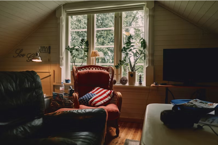 작은 거실 공간에 놓인 빈티지 소파와 창가의 화분, 따뜻한 조명 아래 편안한 생활 분위기를 보여주는 실내 모습