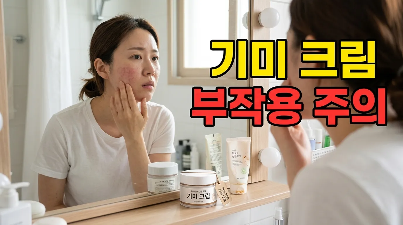 기미 크림과 붉어진 피부를 함께 보여주는 부작용 경고 이미지