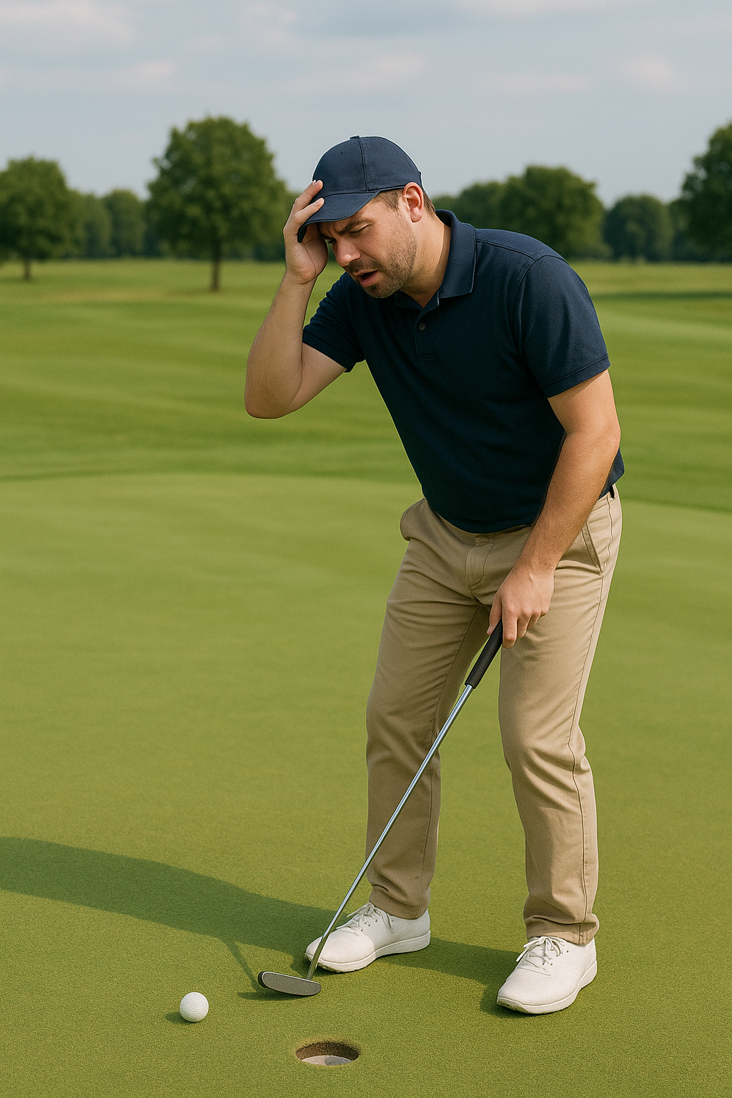 남자 아마추어 골퍼 거리를 맞추지 못해 홀컵에서 너무 멀리가 실망하는 모습
