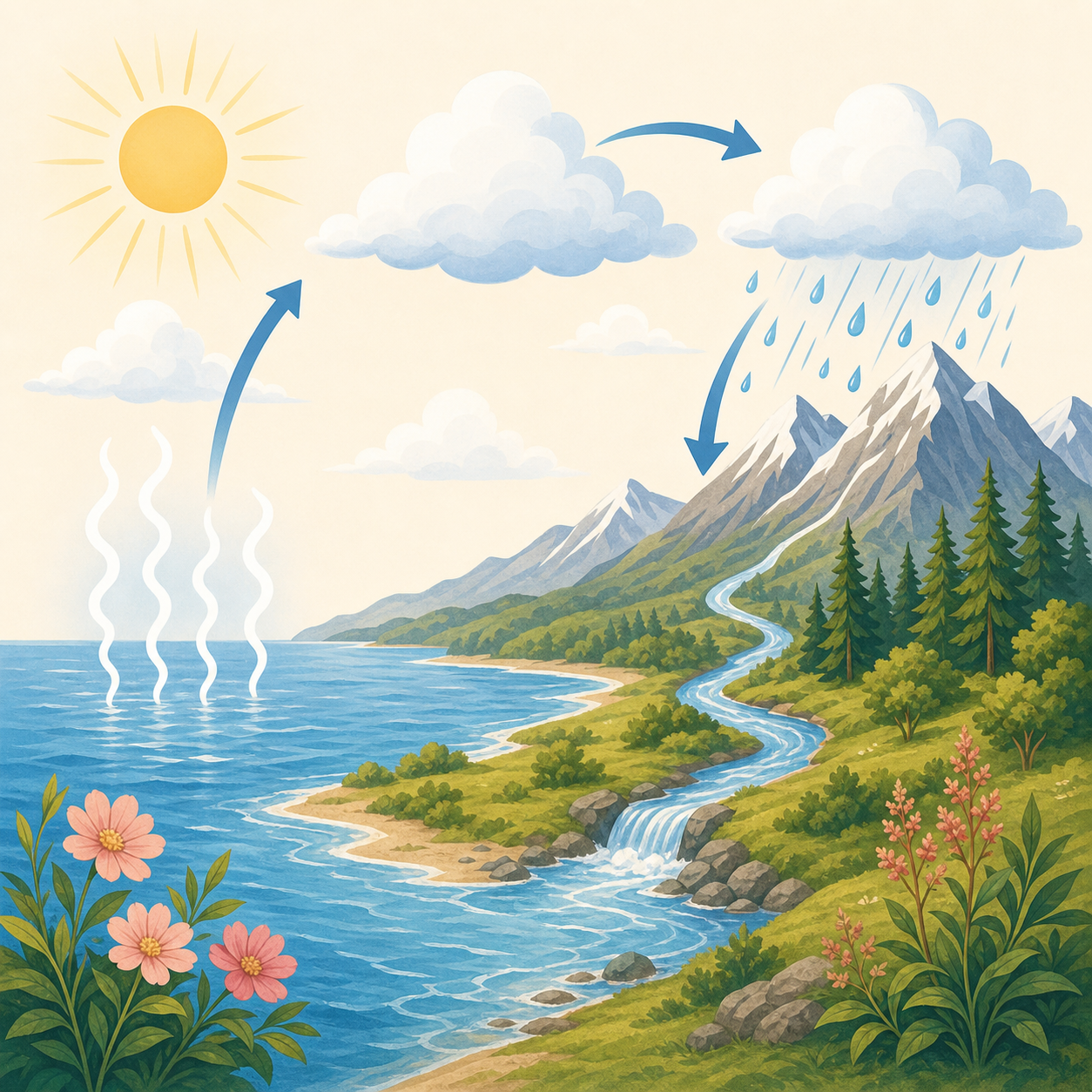 A simple landscape showing water moving through clouds rain rivers and sunlight