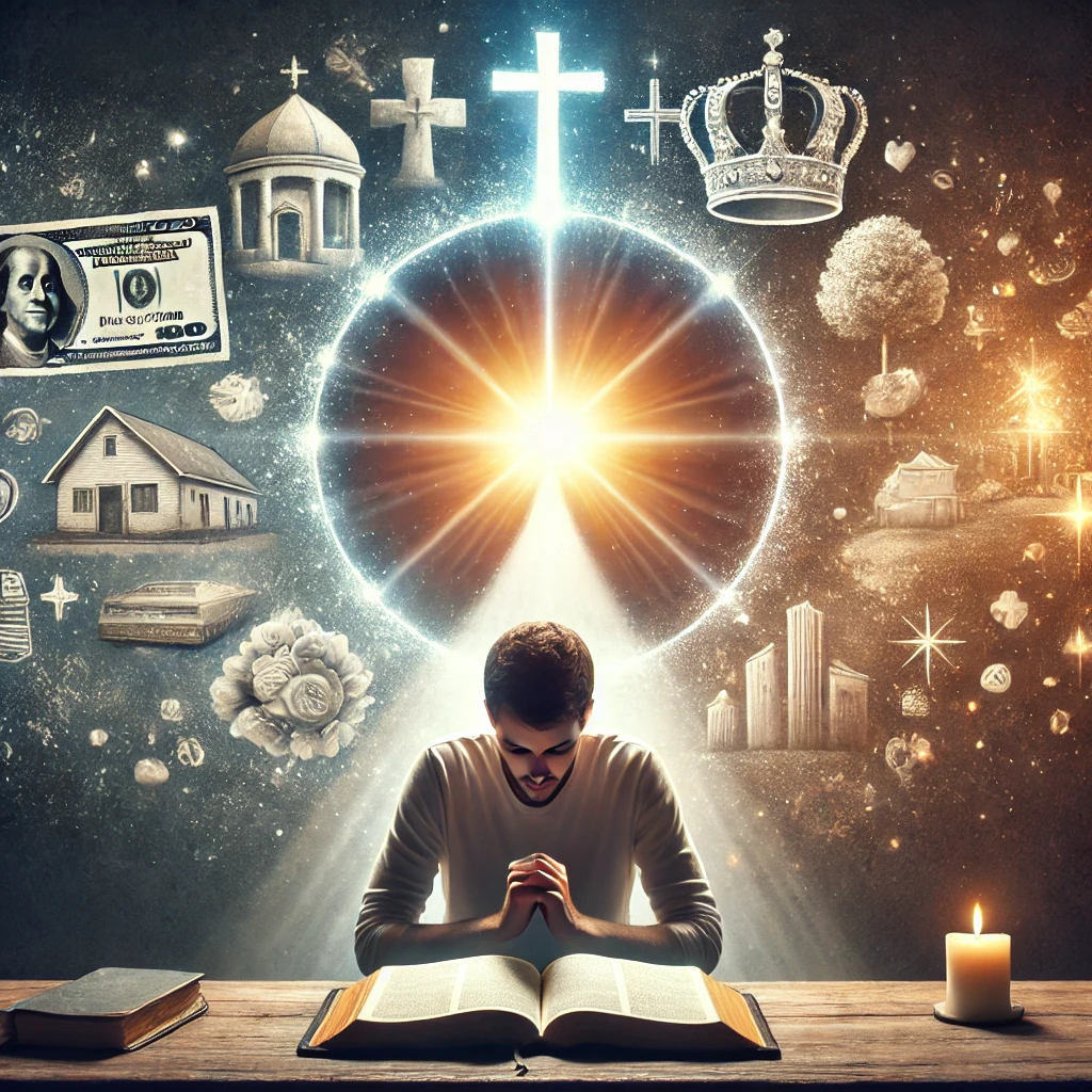 Here is the image you requested, illustrating a person in prayer and reflection, moving away from worldly distractions and focusing on eternal life and spiritual growth. It captures the shift from materialism to a deeper longing for God's kingdom.