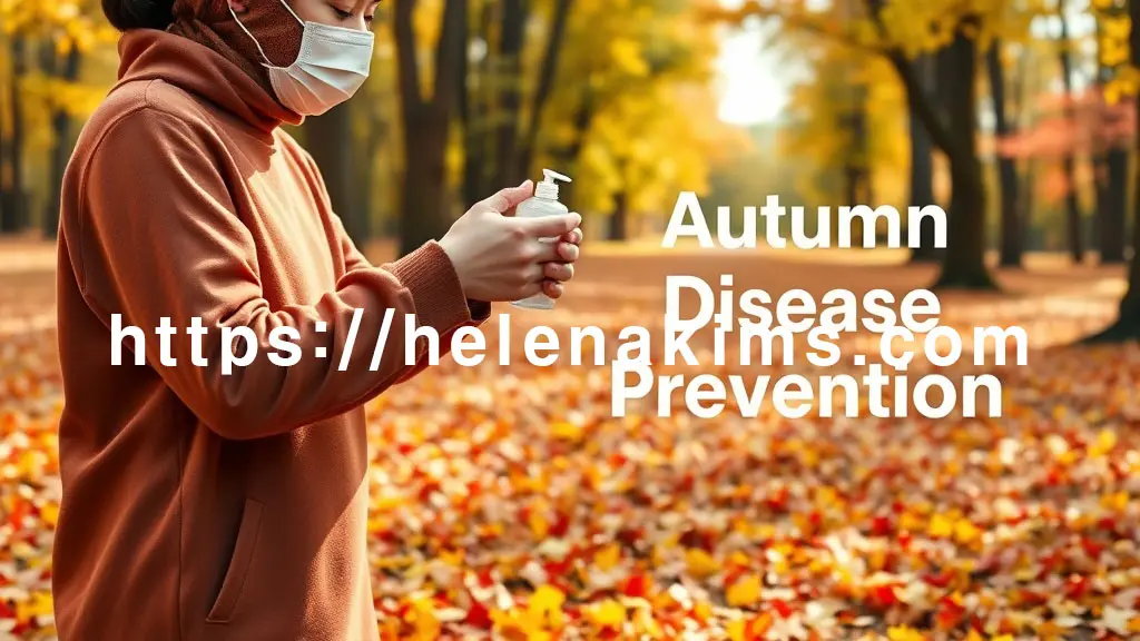 따스한 가을 햇살이 비치는 야외 공간에서, 긴 소매 옷과 마스크를 착용한 여성이 손 소독제를 사용하는 모습. 주변에는 붉고 노란 가을 낙엽들이 흩어져 있고, 배경으로는 평화로운 숲길이 보입니다.