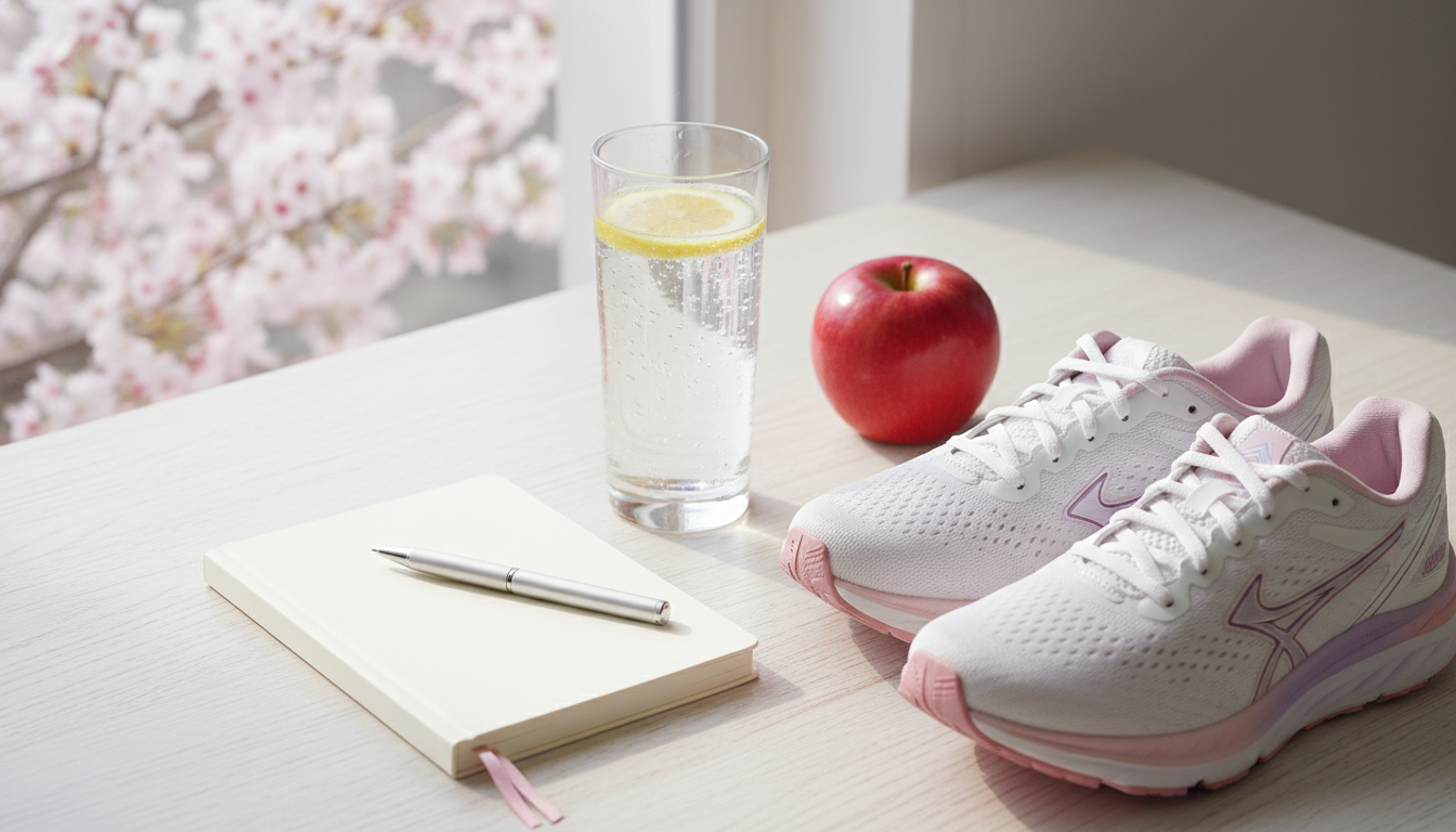 신선한 사과, 물 한 잔, 운동화가 놓여 있는 밝고 화사한 분위기의 봄철 건강 관리