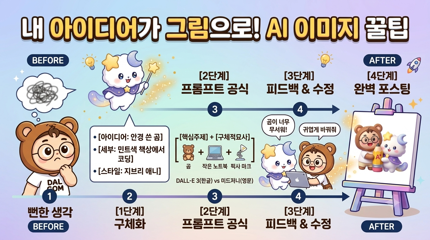 내 아이디어가 그림으로! AI 이미지 꿀팁 30초 인포그래픽 가이드. 상단 타이틀 '내 아이디어가 그림으로! AI 이미지 꿀팁'. 가로형 5단계 흐름도: 1. 뻔한 생각 (불분명한 Scribble을 떠올리는 답답해하는 달곰이, BEFORE). 2. 구체화 (달곰이의 생각 위로 몽별이가 '[안경 쓴 곰]', '[코딩]', '[지브리 앱]' 등 텍스트 요소를 더해 구체적인 리스트 생성). 3. 프롬프트 공식 (대형 브래킷 공식: '[핵심주제] + [구체적묘사] + [스타일]'. 아이콘: 곰, 작은 노트북, 픽사 로고. 하단 텍스트: DALL-E 3(한글) vs 미드저니(영문)). 4. 피드백 &amp; 수정 (달곰이와 몽별이가 함께 태블릿을 보며 "곰이 너무 무서워!" -> "귀엽게 바꿔줘"라고 대화하며 수정 요청). 5. 완벽 포스팅 (웃는 달곰이와 몽별이가 이젤 옆에 섬. 이젤 위 캔버스에는 3D 픽사 스타일로 완벽하게 완성된 달곰이와 몽별이 캐릭터 그림, AFTER). 파스텔톤 배경, 16:9 가로형.