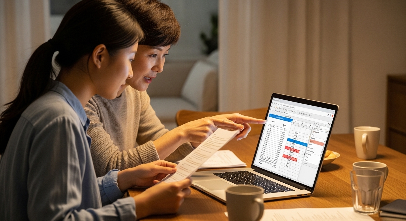 딸과 어머니가 스캔한 결과에서 수치를 표에 붙여 넣고 조건부 서식이 적용된 장면